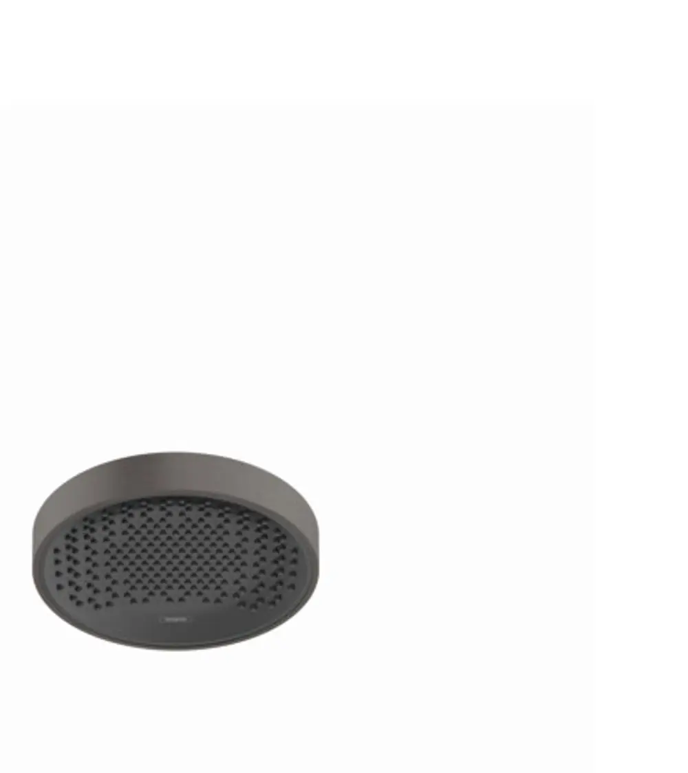 Kreisrunde Kopfbrause in brushed black chrome von Hansgrohe, mit durchbrochener Oberfläche für Wasserverteilung. Montagevorrichtung nicht sichtbar.